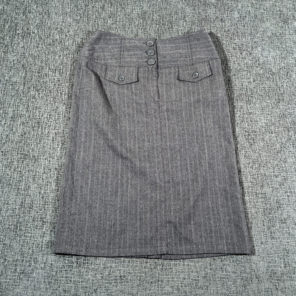 Larry Levine Pinstripe Pencil High Rise Knee Length Skirt Women 8 Gray Polyester